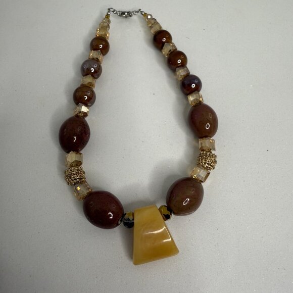 Vintage Statement  Necklace Semi Precious Stones Crystals Beige Brown Burgandy - Picture 1 of 8